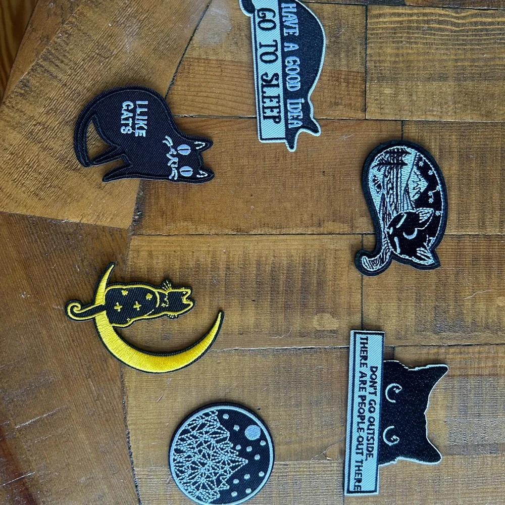 Cat-Themed Embroidered Patch Set - Black and Yellow